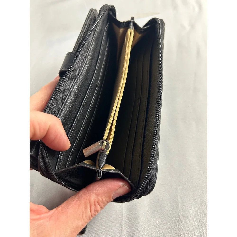 Mundi Black Pebbled Faux Leather‎ Zip Around Wallet Organizer Snap Closure